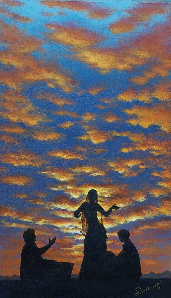 Silhouetted figures against a dramatic sunset sky, oil painting