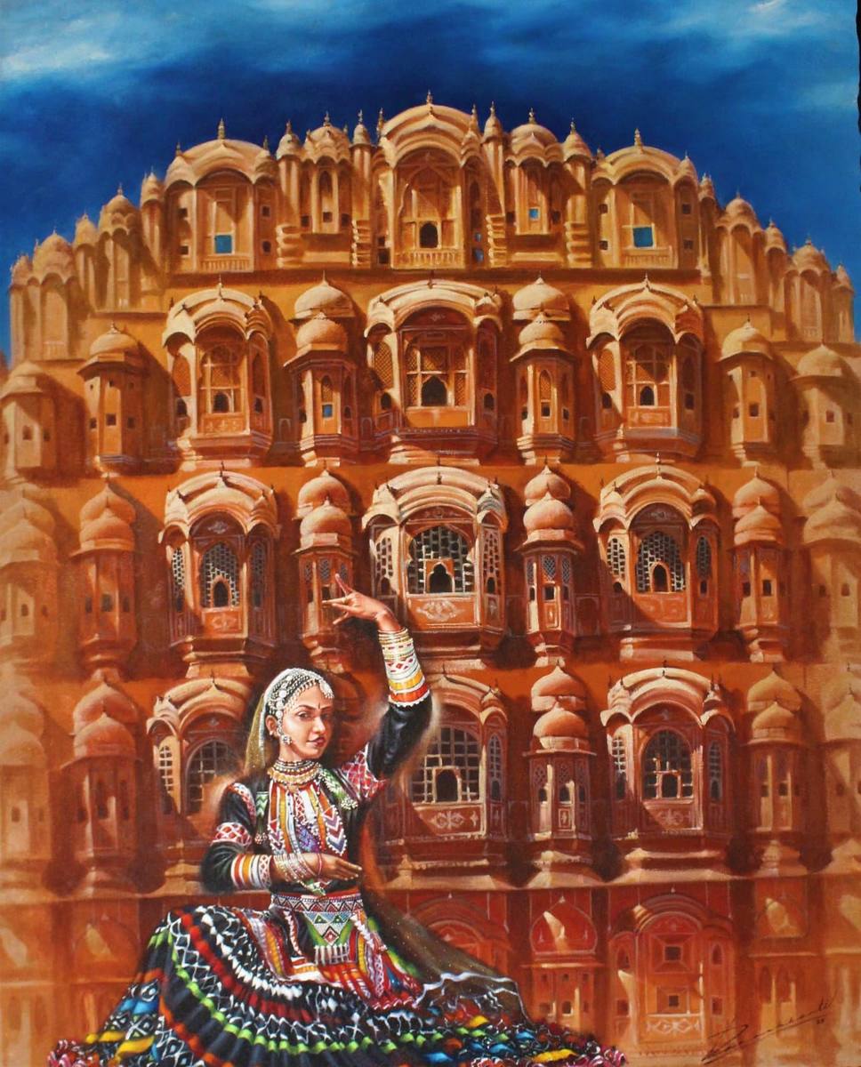 Rajasthani dancer in traditional attire before the Hawa Mahal, Jaipur